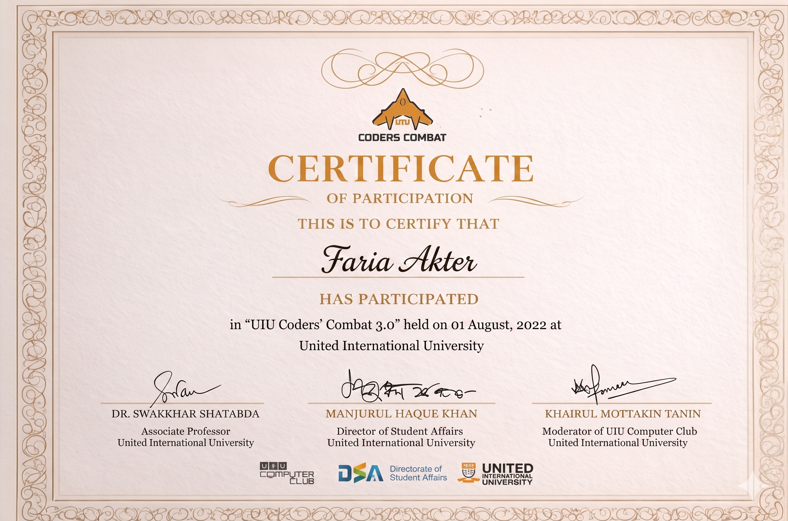 UIU Coders' Combat 3.0 Certificate